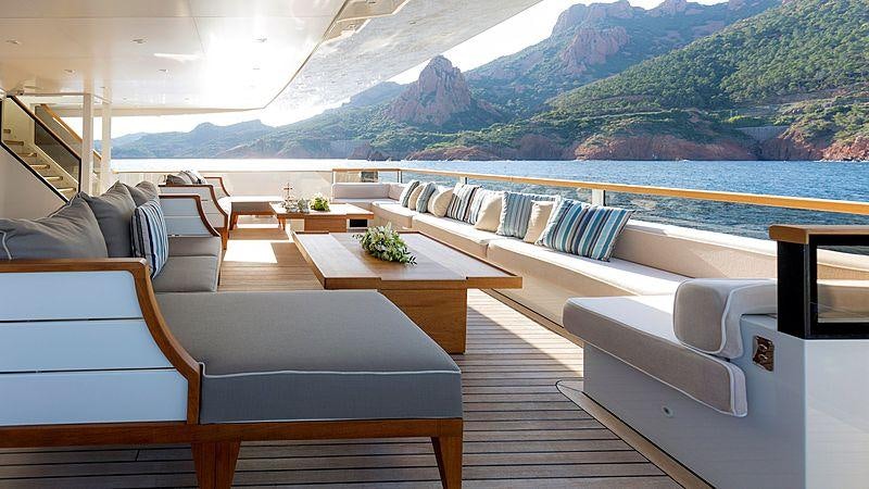 a room with a table and chairs aboard TAIBA Yacht for Charter