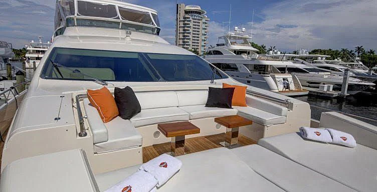 a yacht parked in a harbor aboard SORRIDENTE Yacht for Sale