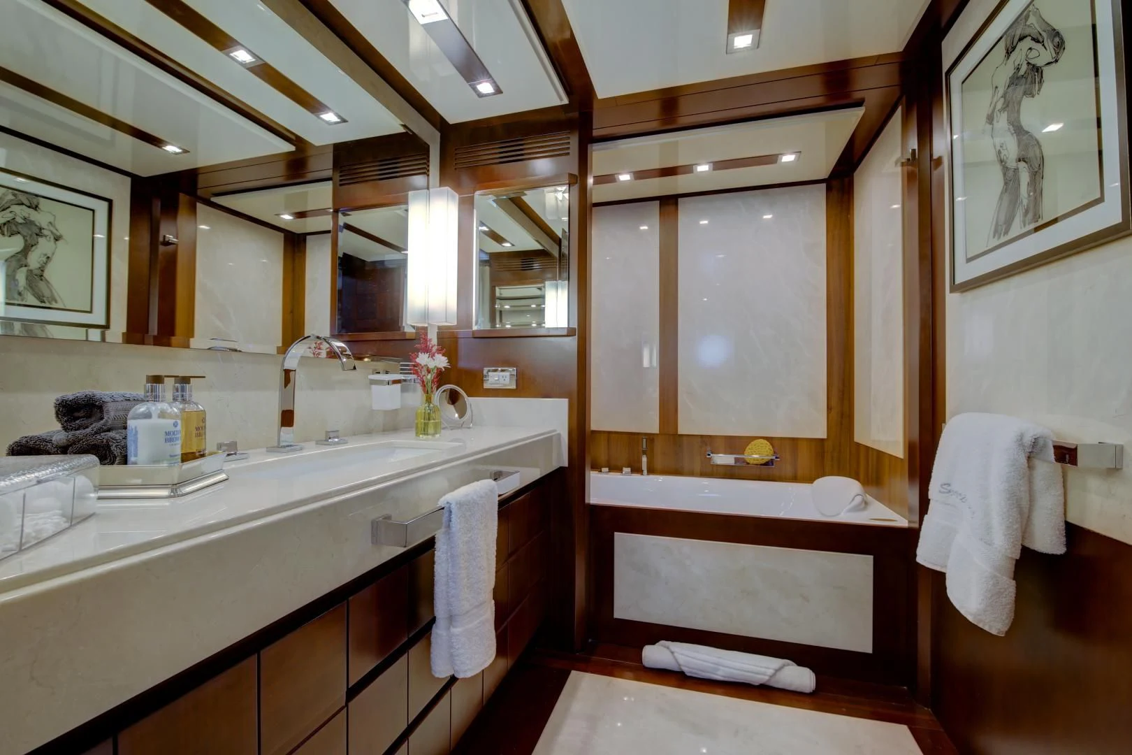 a bathroom with a large countertop aboard SORRIDENTE Yacht for Sale
