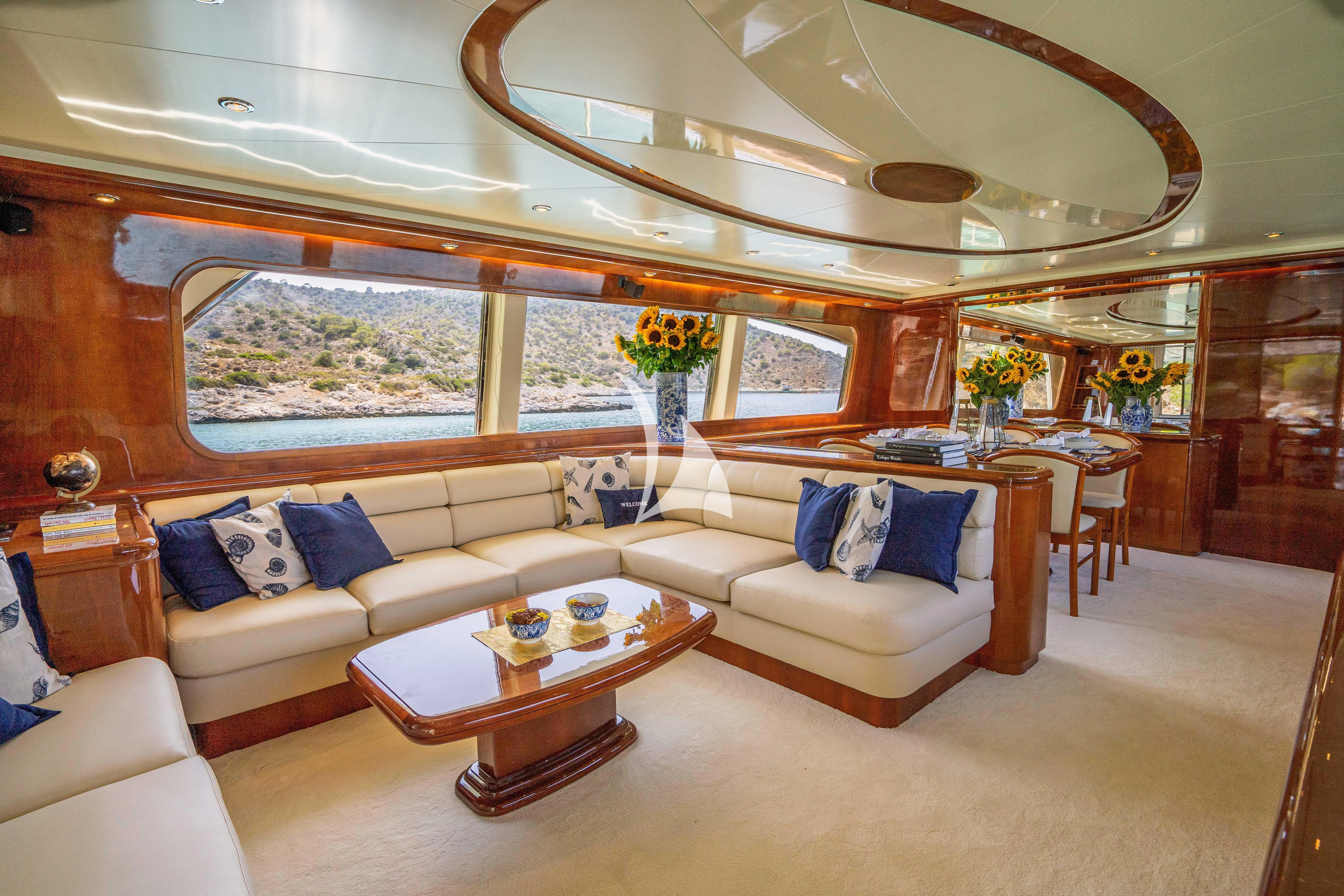 a living room with a large glass ceiling aboard ESTIA POSEIDON Yacht for Charter