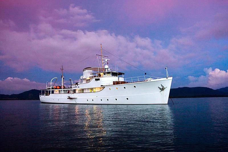 a large white boat in the water aboard CALISTO Yacht for Sale