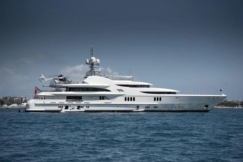 a large white yacht in the water aboard FIREBIRD Yacht for Charter