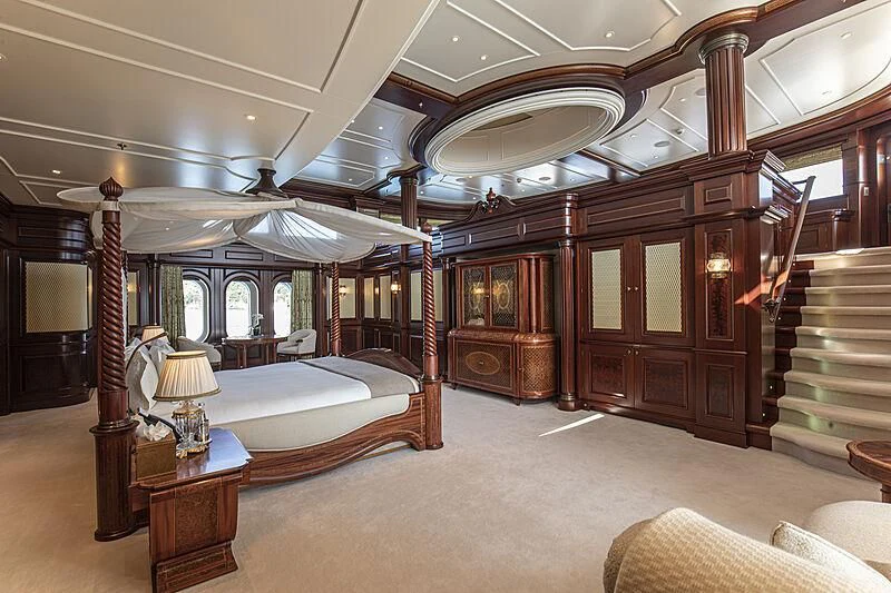 a large bedroom with a large bed aboard FIREBIRD Yacht for Charter