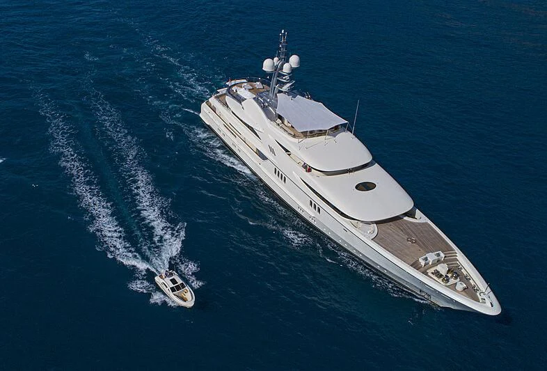 a large ship in the water aboard FIREBIRD Yacht for Charter