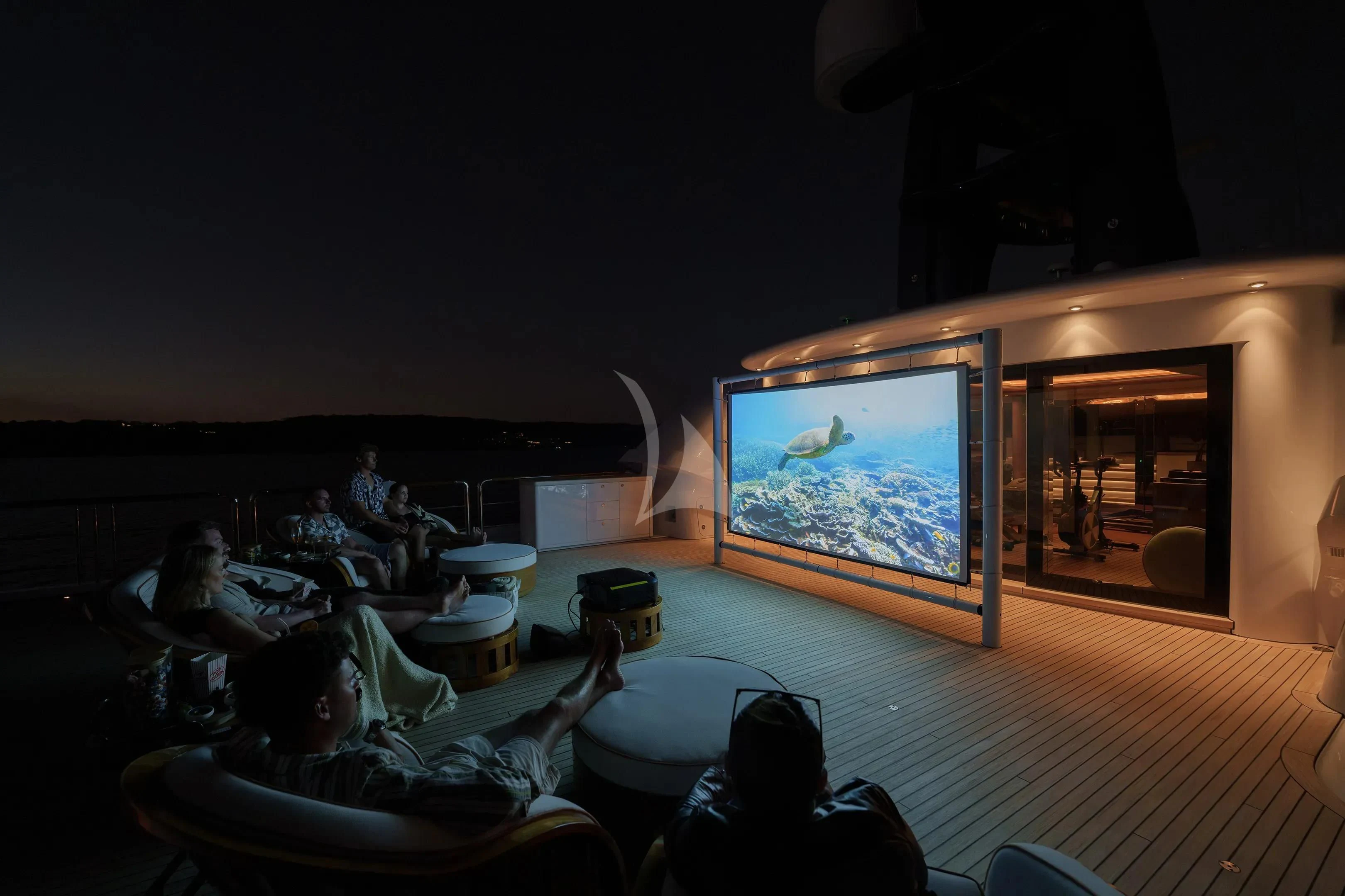 a room with a large screen aboard FIREBIRD Yacht for Charter