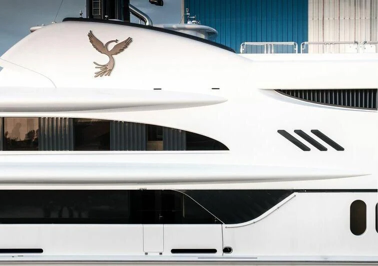 the front of a white yacht aboard FIREBIRD Yacht for Charter