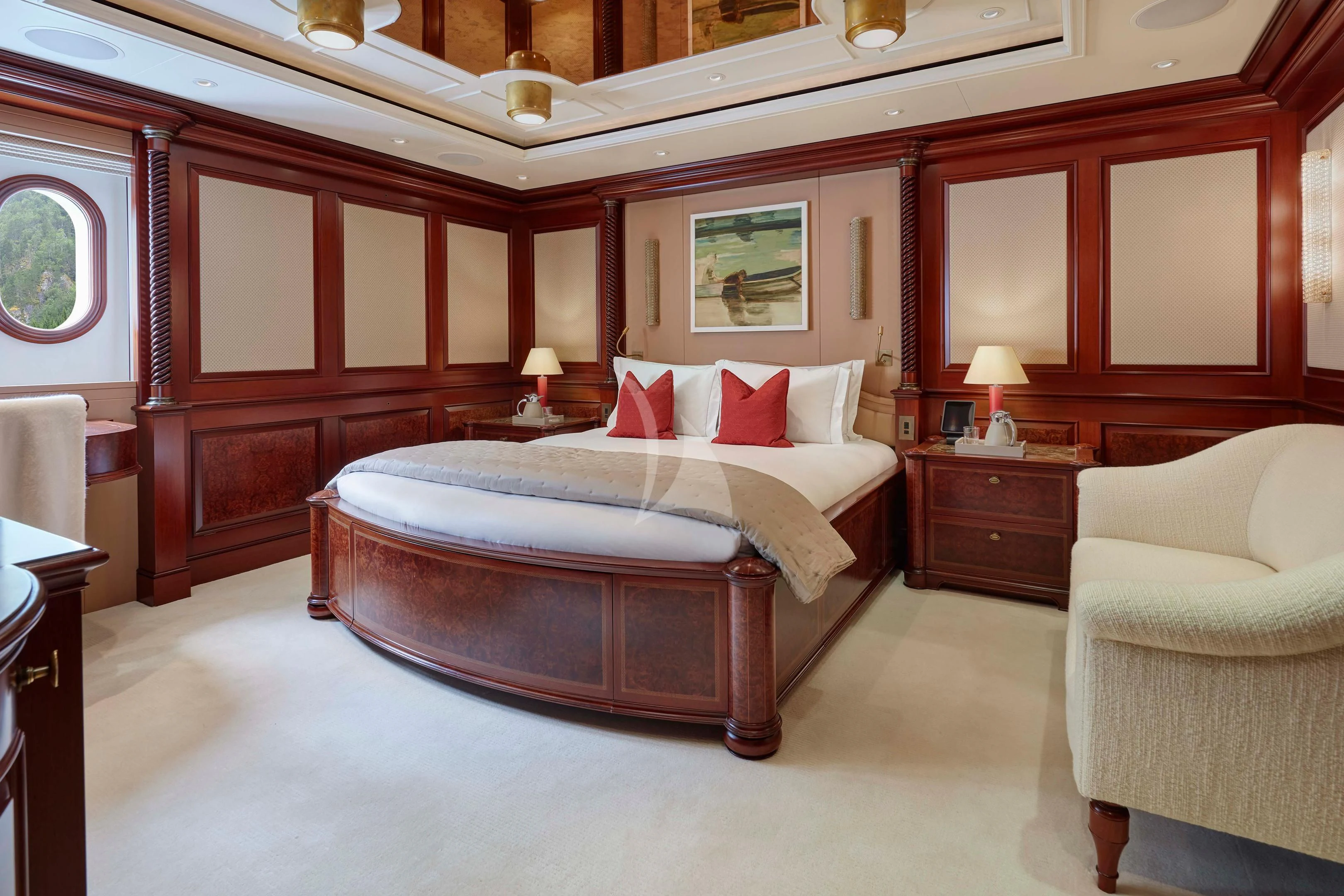 a large bedroom with a large bed aboard FIREBIRD Yacht for Charter
