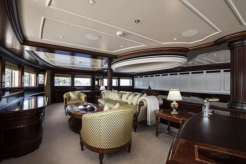 a living room with a large ceiling aboard FIREBIRD Yacht for Charter