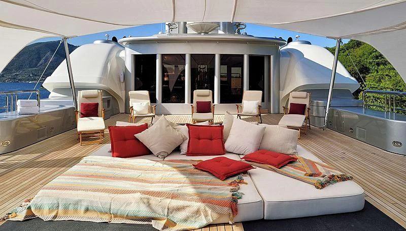 a large bed on a boat aboard FIREBIRD Yacht for Charter