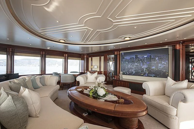 a living room with a large window aboard FIREBIRD Yacht for Charter