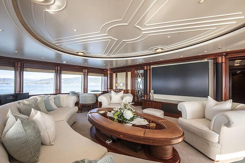 a living room with a large screen aboard FIREBIRD Yacht for Charter