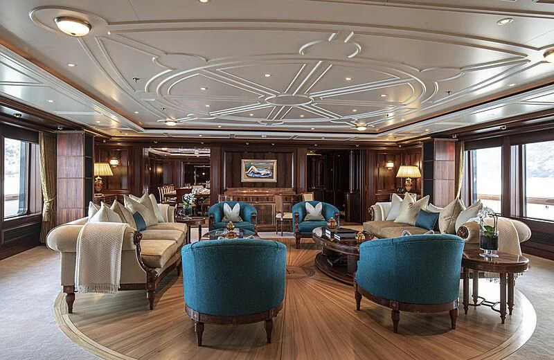 a living room with a large ceiling aboard FIREBIRD Yacht for Charter