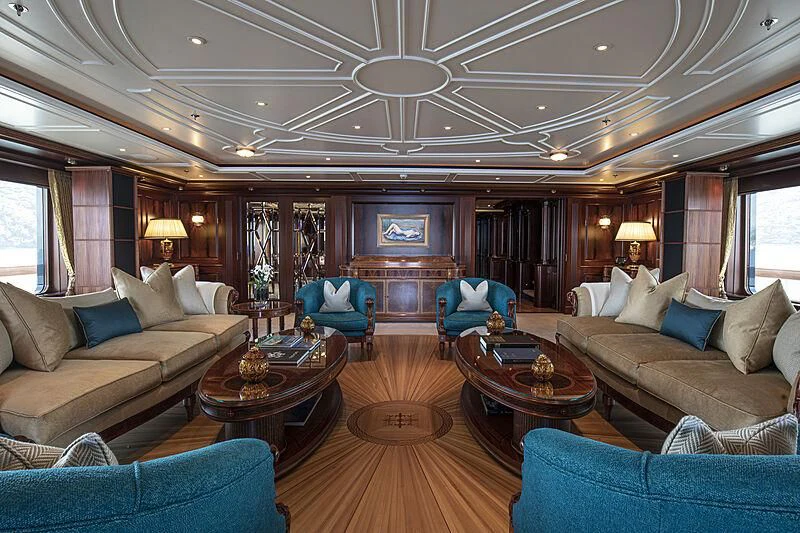 a living room with a large open floor plan aboard FIREBIRD Yacht for Charter