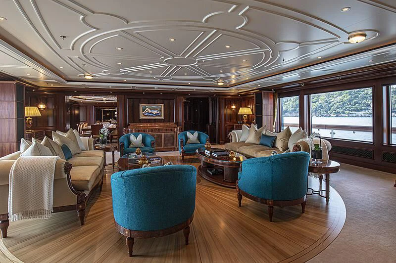 a living room with a large ceiling aboard FIREBIRD Yacht for Charter