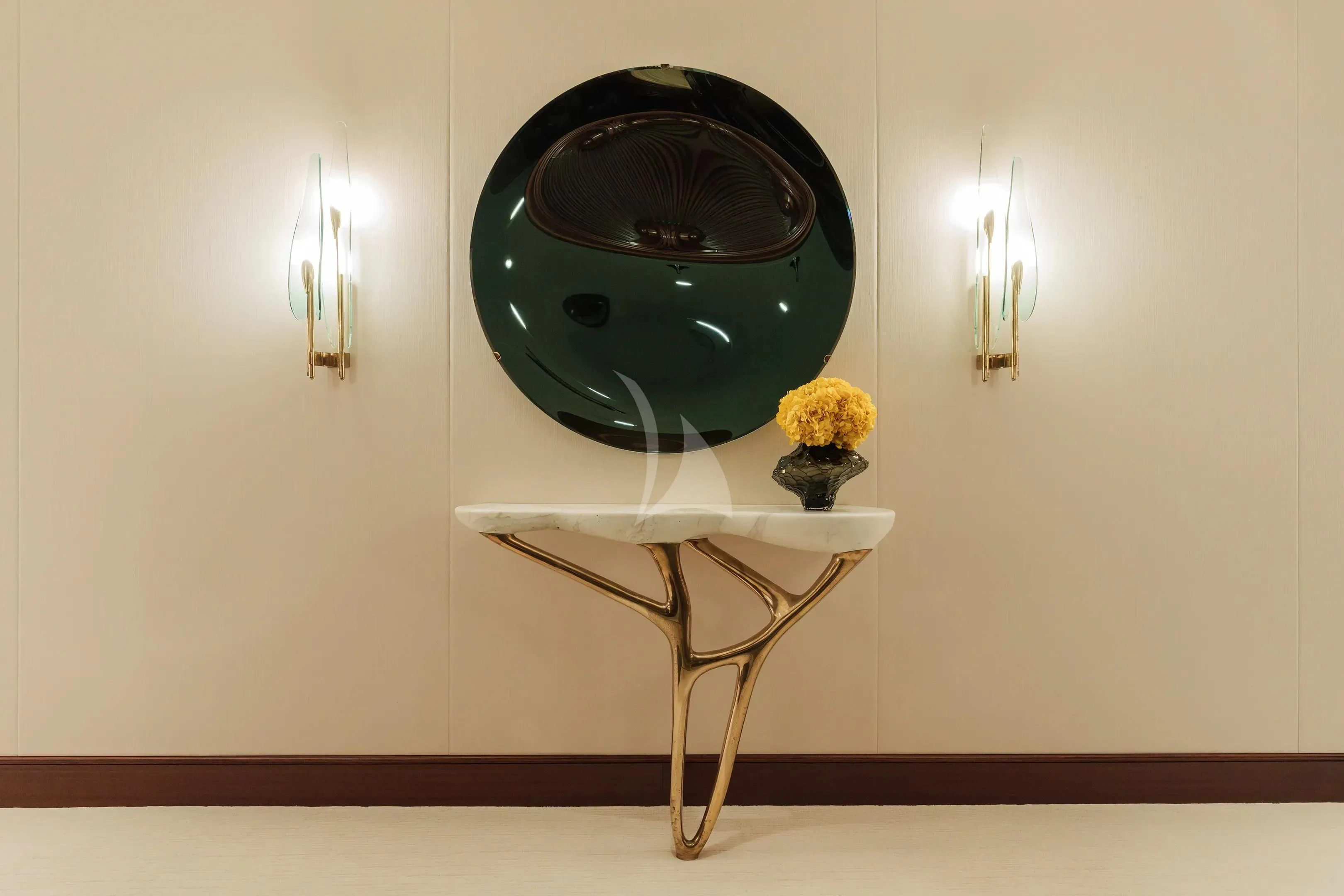 a black and white vase on a table aboard FIREBIRD Yacht for Charter