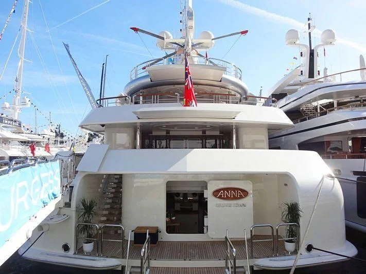a large white ship with a drone on top aboard FIREBIRD Yacht for Charter