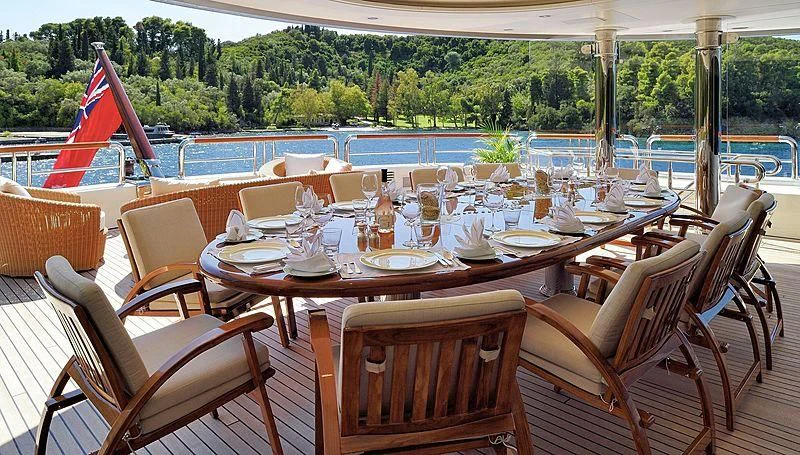 a table set for a dinner party aboard FIREBIRD Yacht for Charter