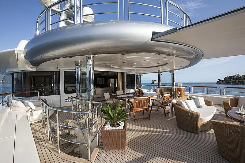 a large white boat on a deck aboard FIREBIRD Yacht for Charter