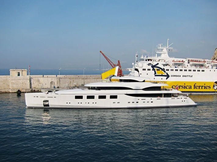 a large white ship in the water aboard RAHIL Yacht for Sale