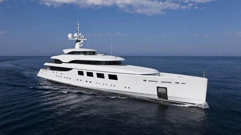a white yacht in the water aboard RAHIL Yacht for Sale