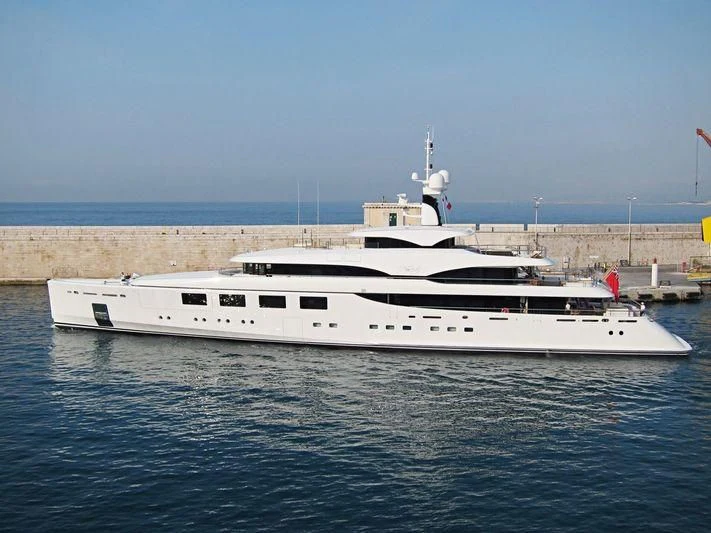 a white yacht in the water aboard RAHIL Yacht for Sale