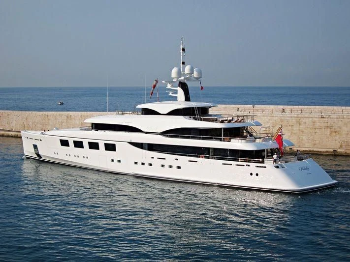 a white boat in the water aboard RAHIL Yacht for Sale