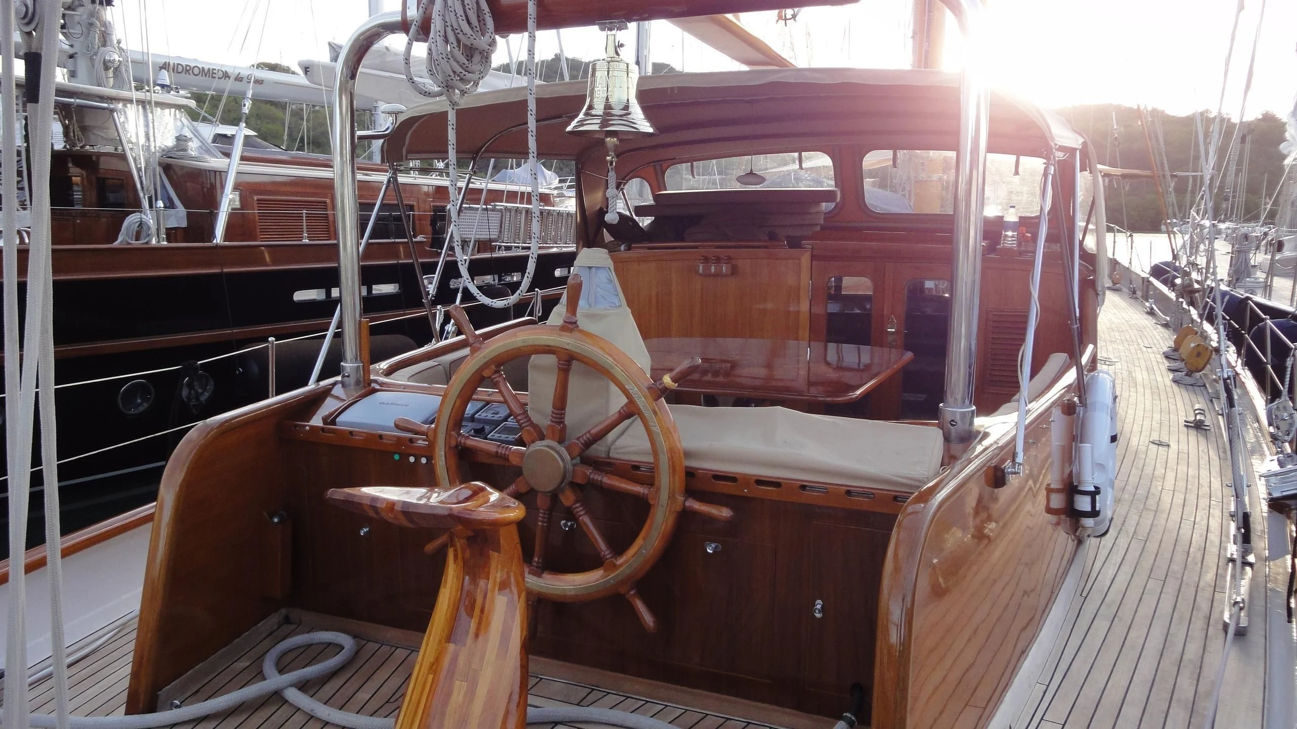 a large red and white boat aboard ASCHANTI IV OF VEGESACK Yacht for Sale