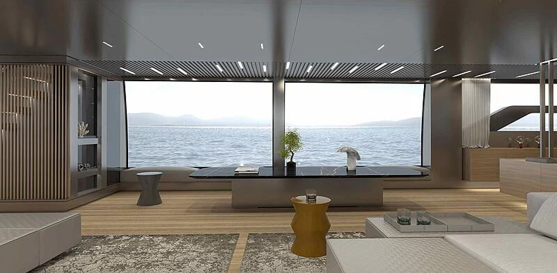 a room with a large window and a table with a plant in it aboard EROS Yacht for Sale