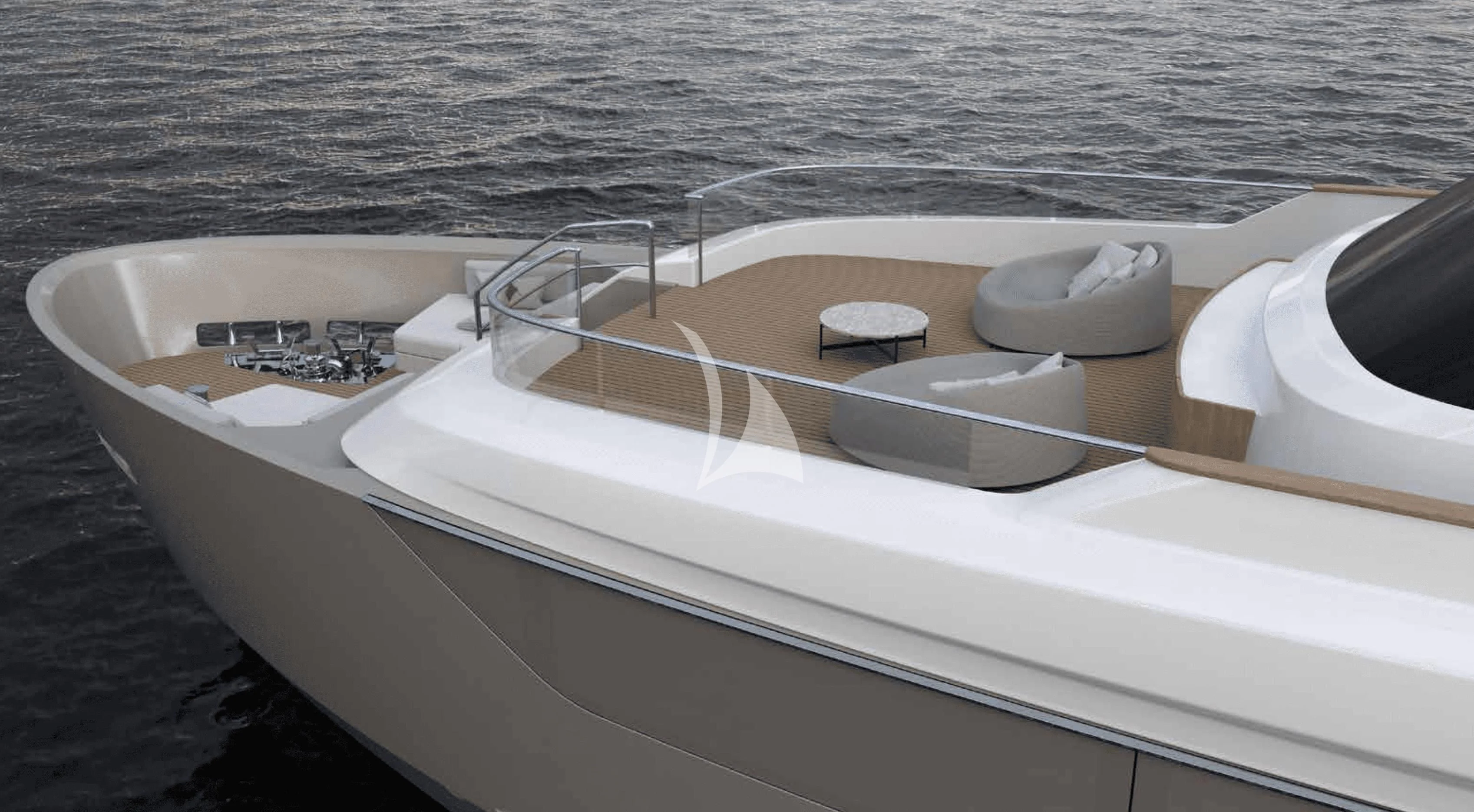 a white boat with a rope on the front aboard EROS Yacht for Sale