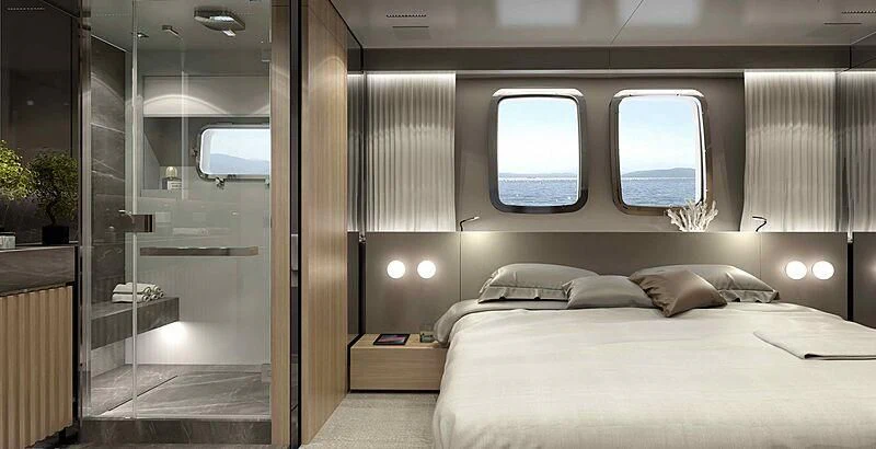 a bed in a room aboard EROS Yacht for Sale