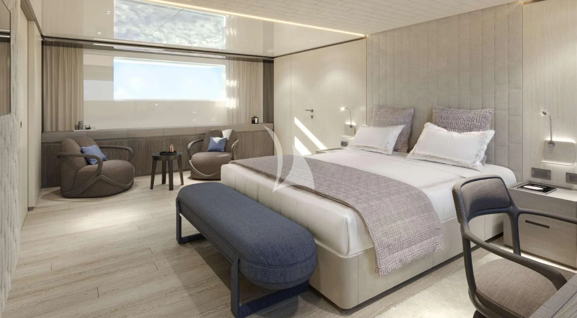 a large bed in a room aboard EROS Yacht for Sale