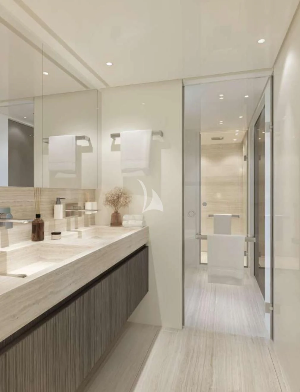 a bathroom with a large mirror aboard EROS Yacht for Sale