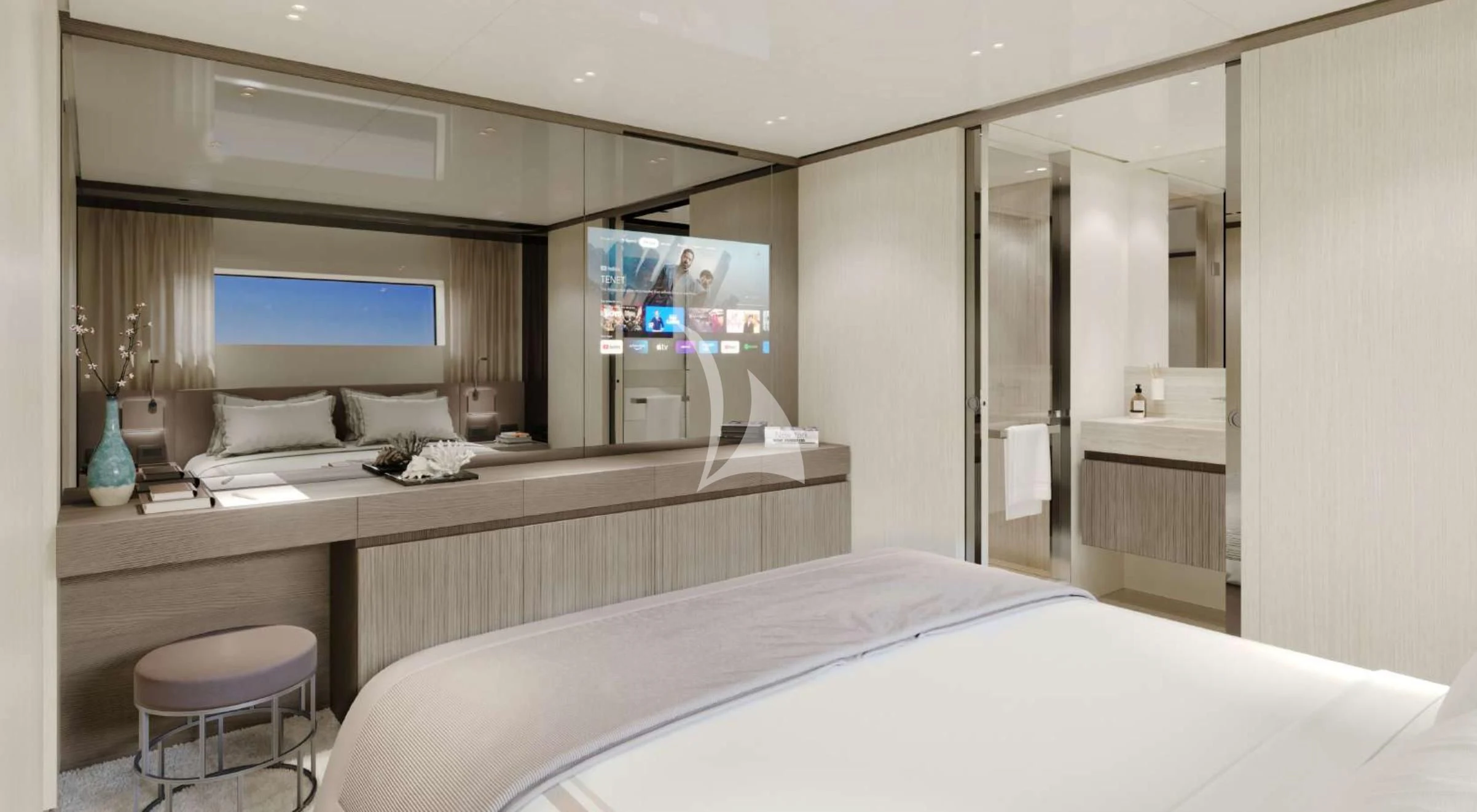 a hotel room with a bed and tv aboard EROS Yacht for Sale