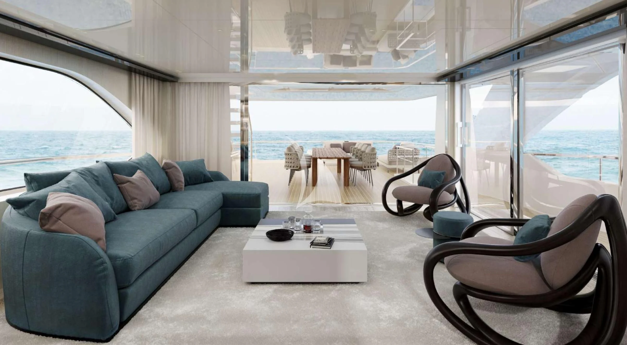 a living room with a couch and a table aboard EROS Yacht for Sale