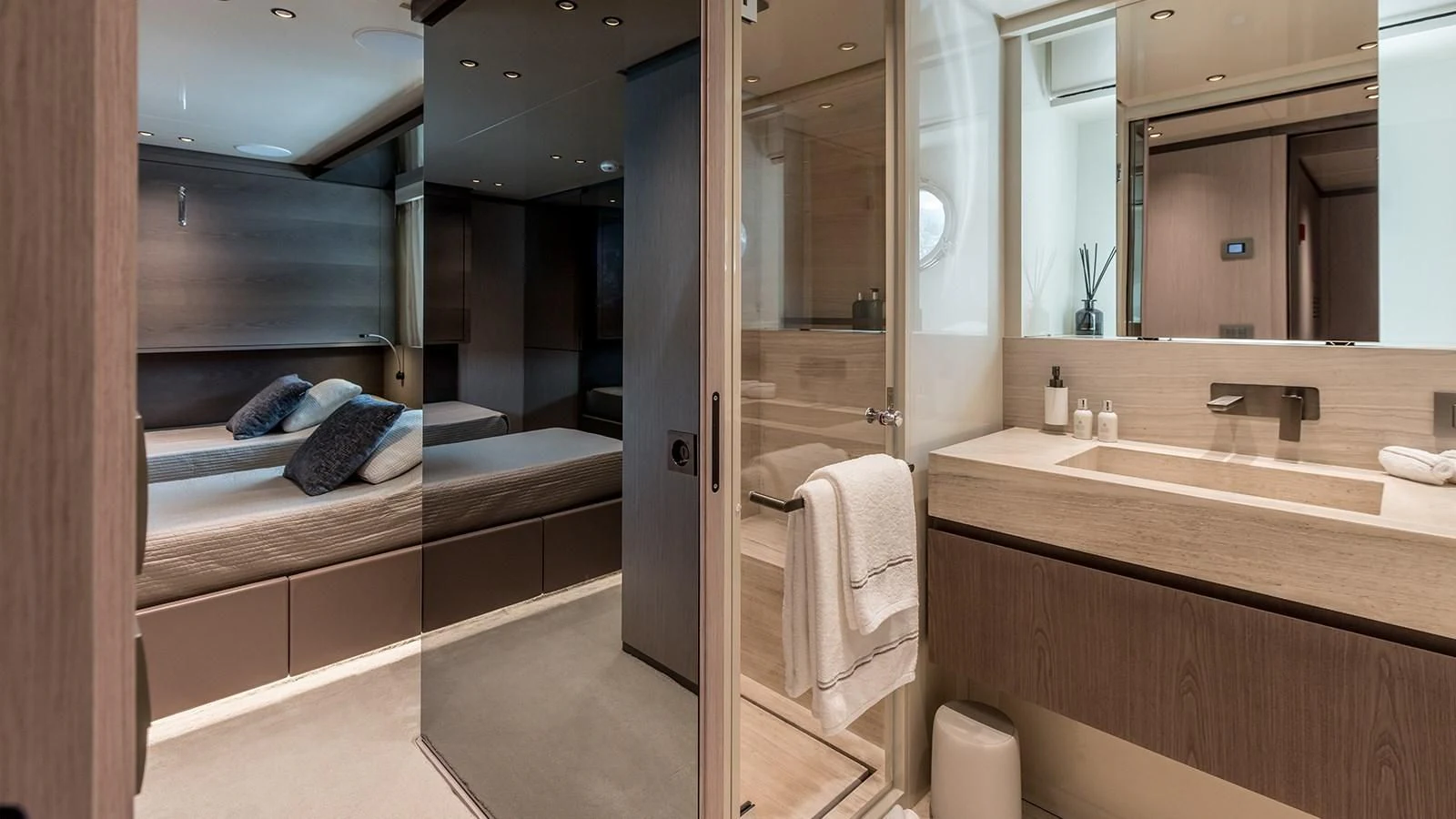 a bathroom with a large mirror aboard EROS Yacht for Sale