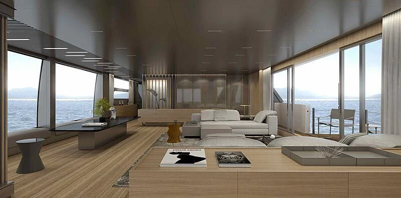 a modern living room with a large window aboard EROS Yacht for Sale
