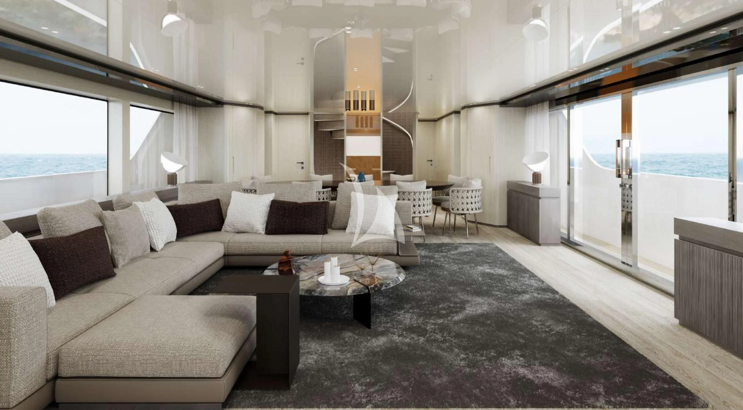 a living room with a large window aboard EROS Yacht for Sale