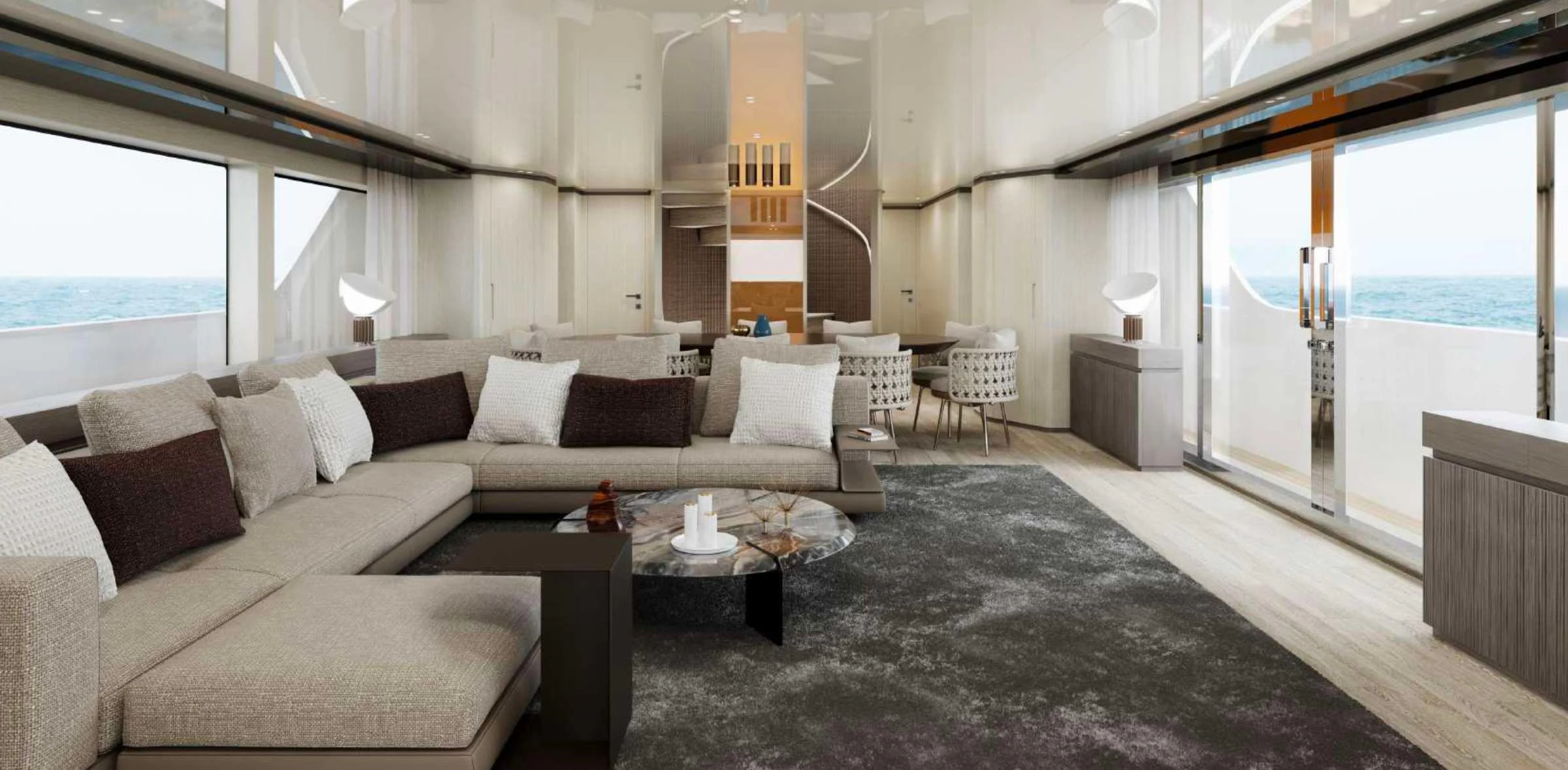 a living room with a couch and a coffee table aboard EROS Yacht for Sale