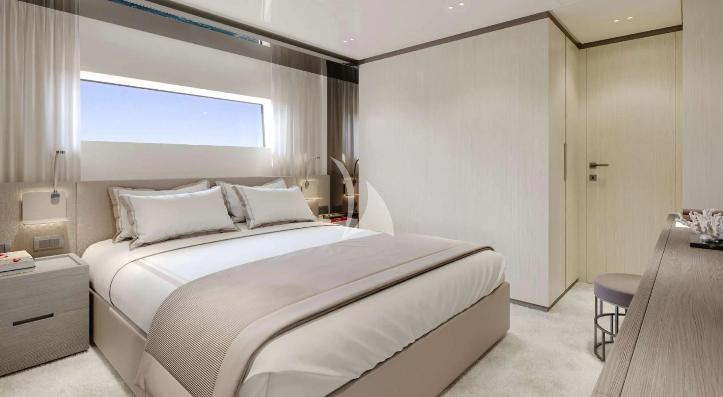 a bed in a room aboard EROS Yacht for Sale