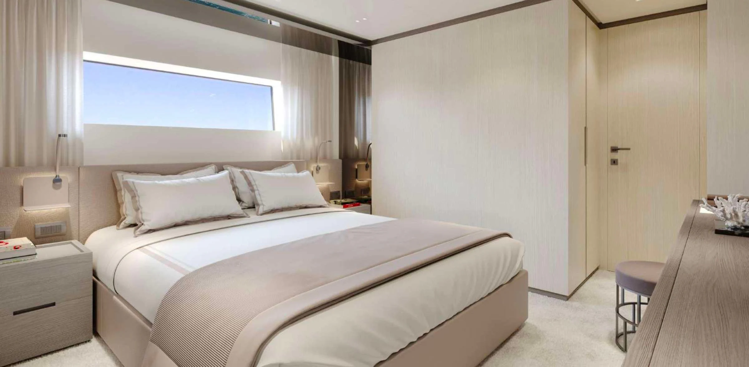 a bed in a room aboard EROS Yacht for Sale