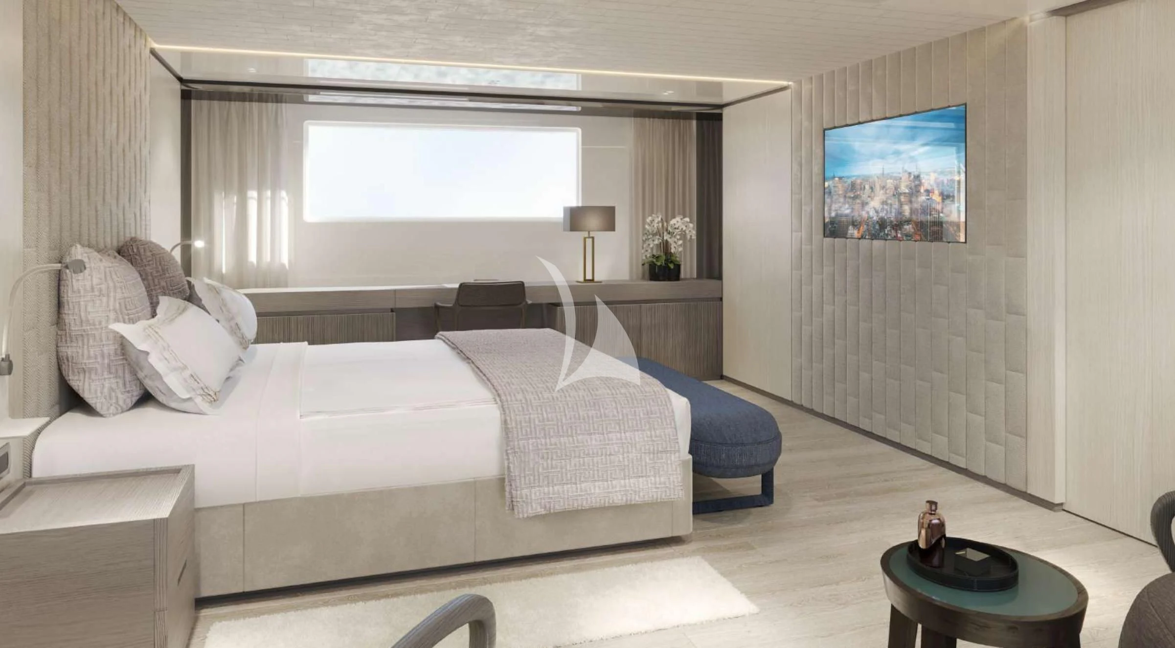 a bed in a room aboard EROS Yacht for Sale