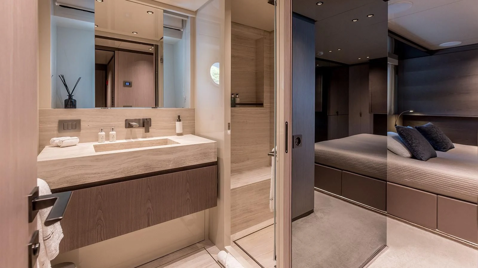 a bathroom with a sink and a mirror aboard EROS Yacht for Sale
