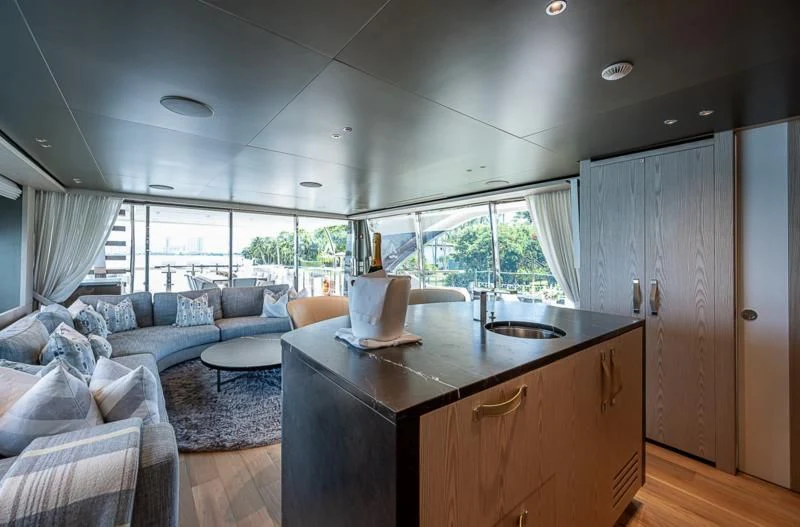 a kitchen with a large island aboard EROS Yacht for Sale