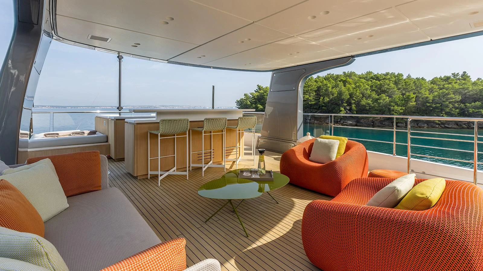 a living room with a large balcony aboard EROS Yacht for Sale