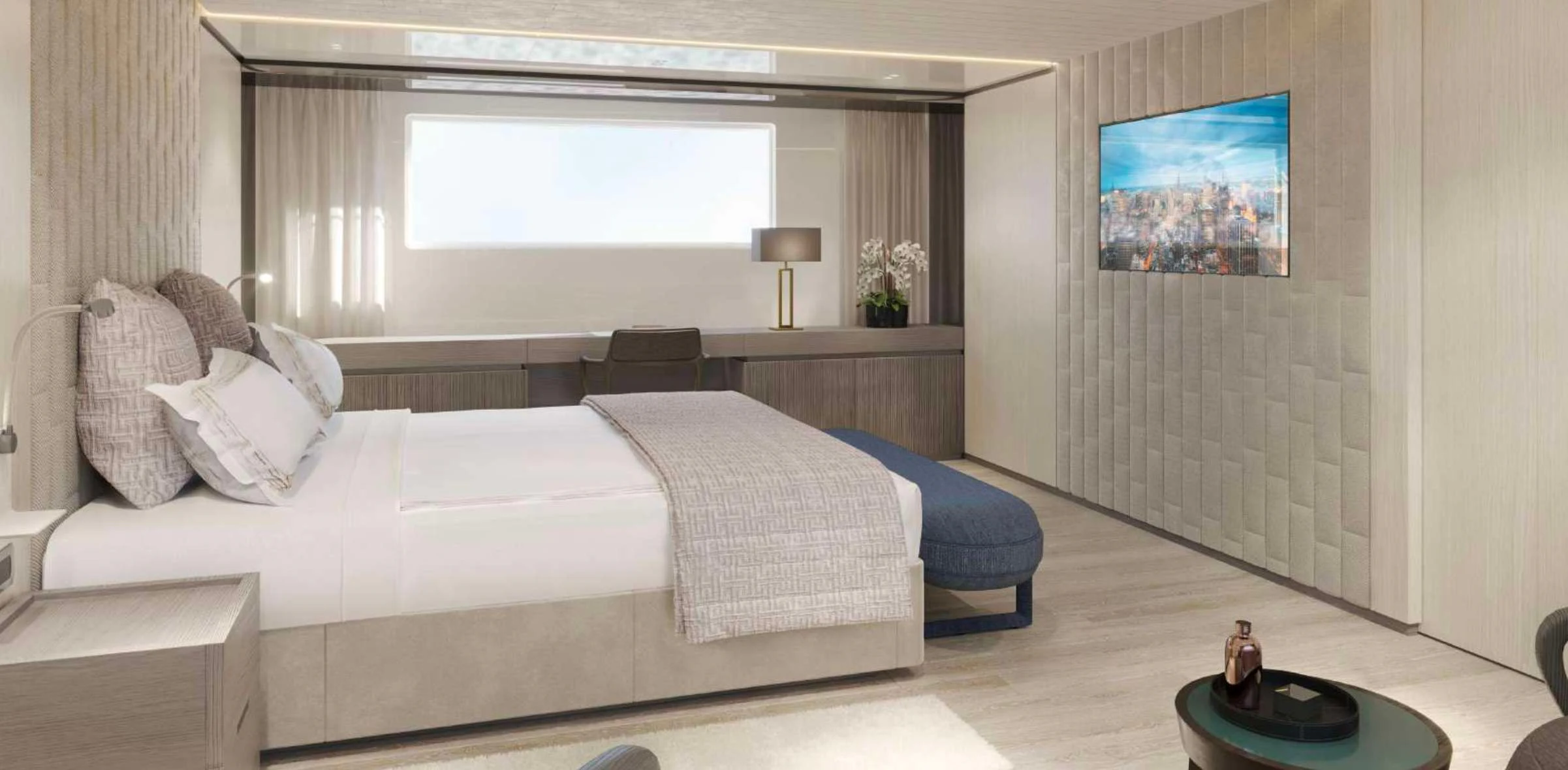 a bed in a room aboard EROS Yacht for Sale