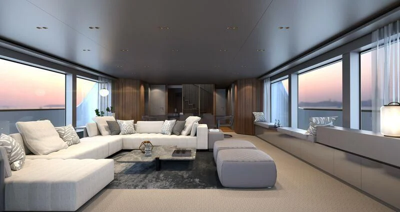 a living room with a large window aboard EROS Yacht for Sale
