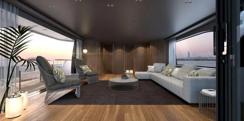 a living room with a large window aboard EROS Yacht for Sale