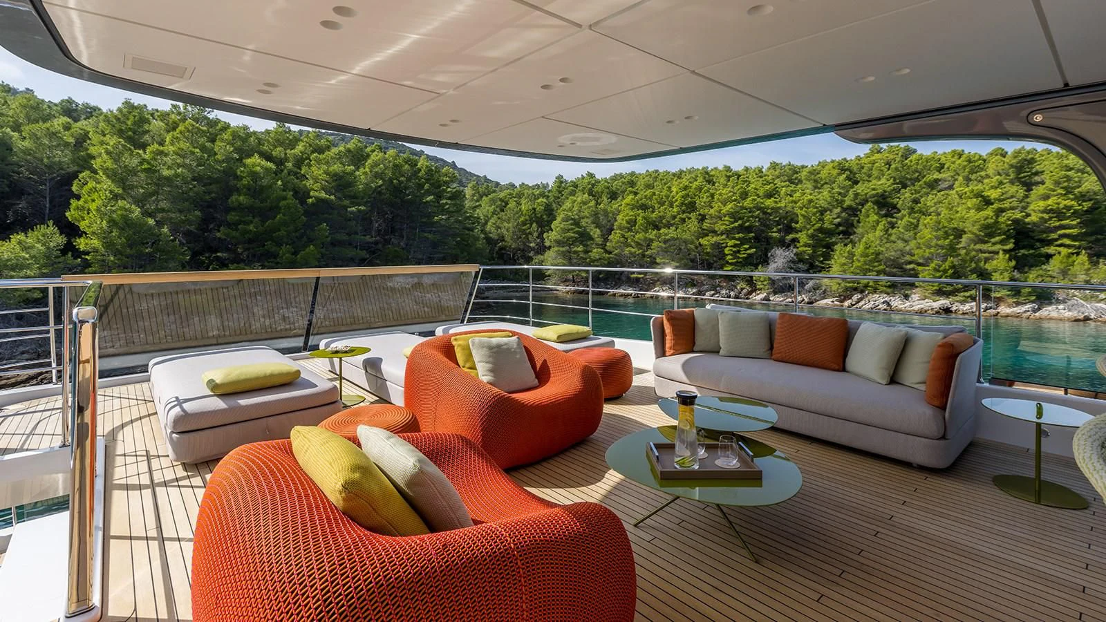 a living room with a large window aboard EROS Yacht for Sale