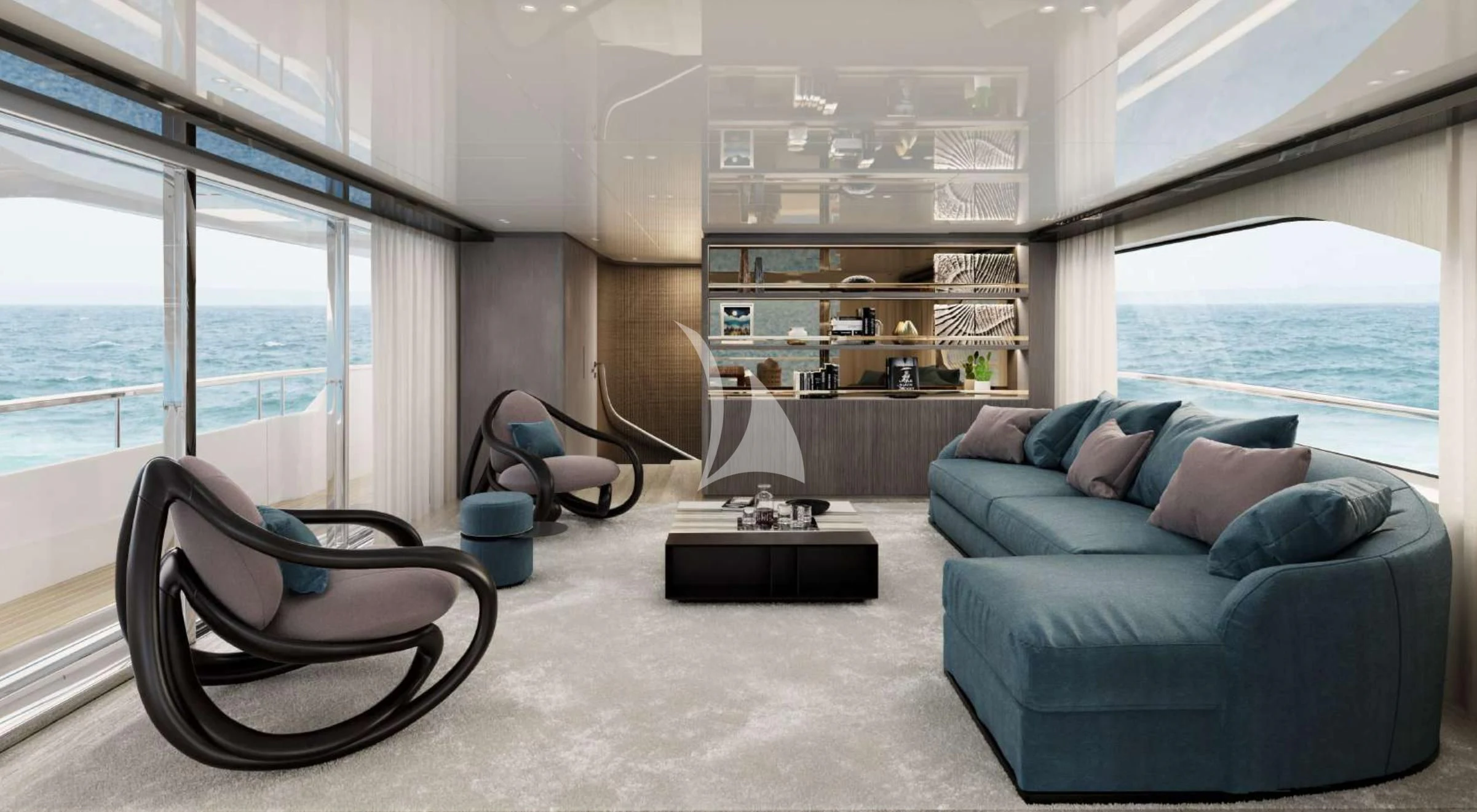 a living room with a couch and a window aboard EROS Yacht for Sale
