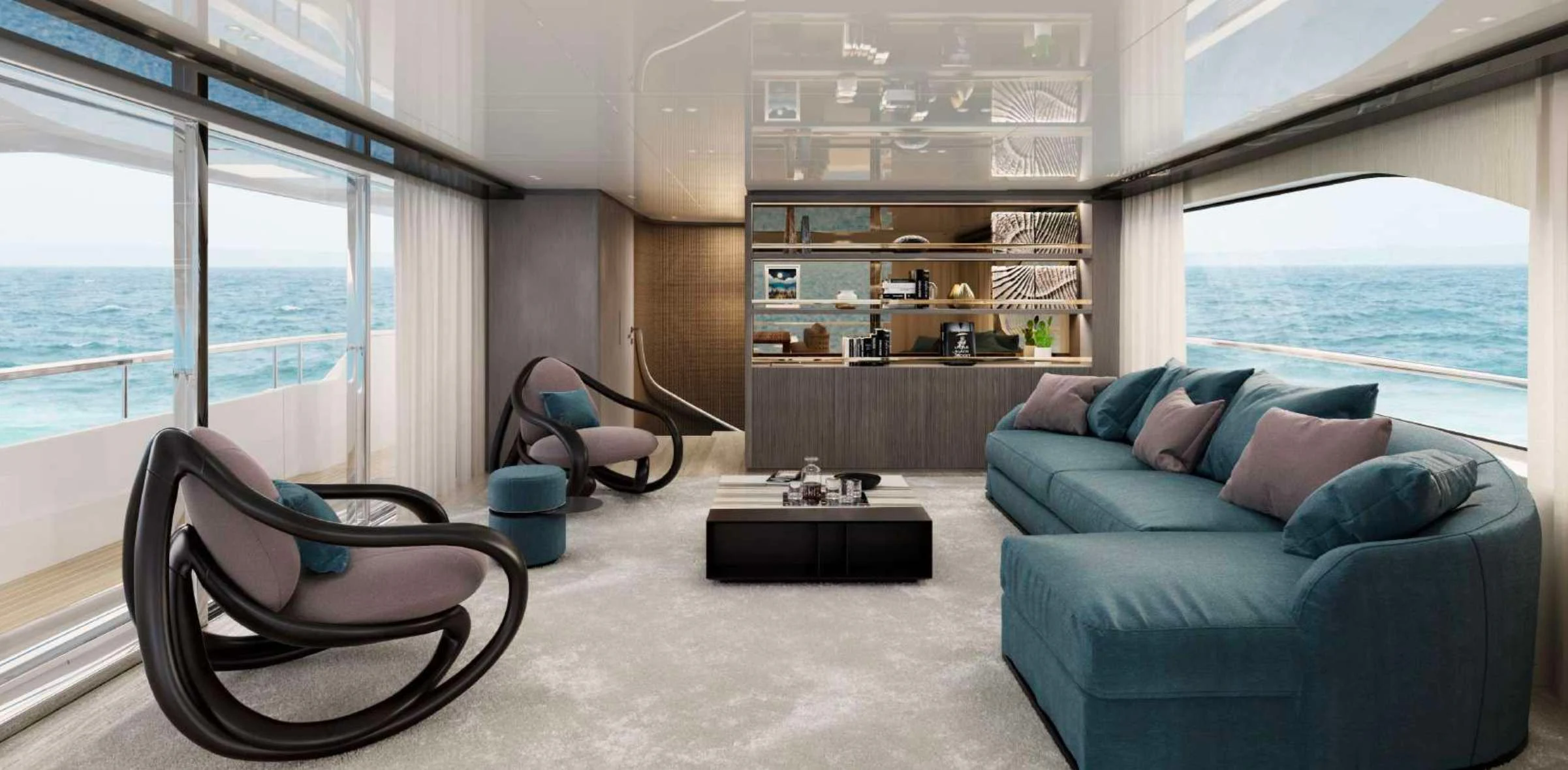 a living room with a couch and a table aboard EROS Yacht for Sale